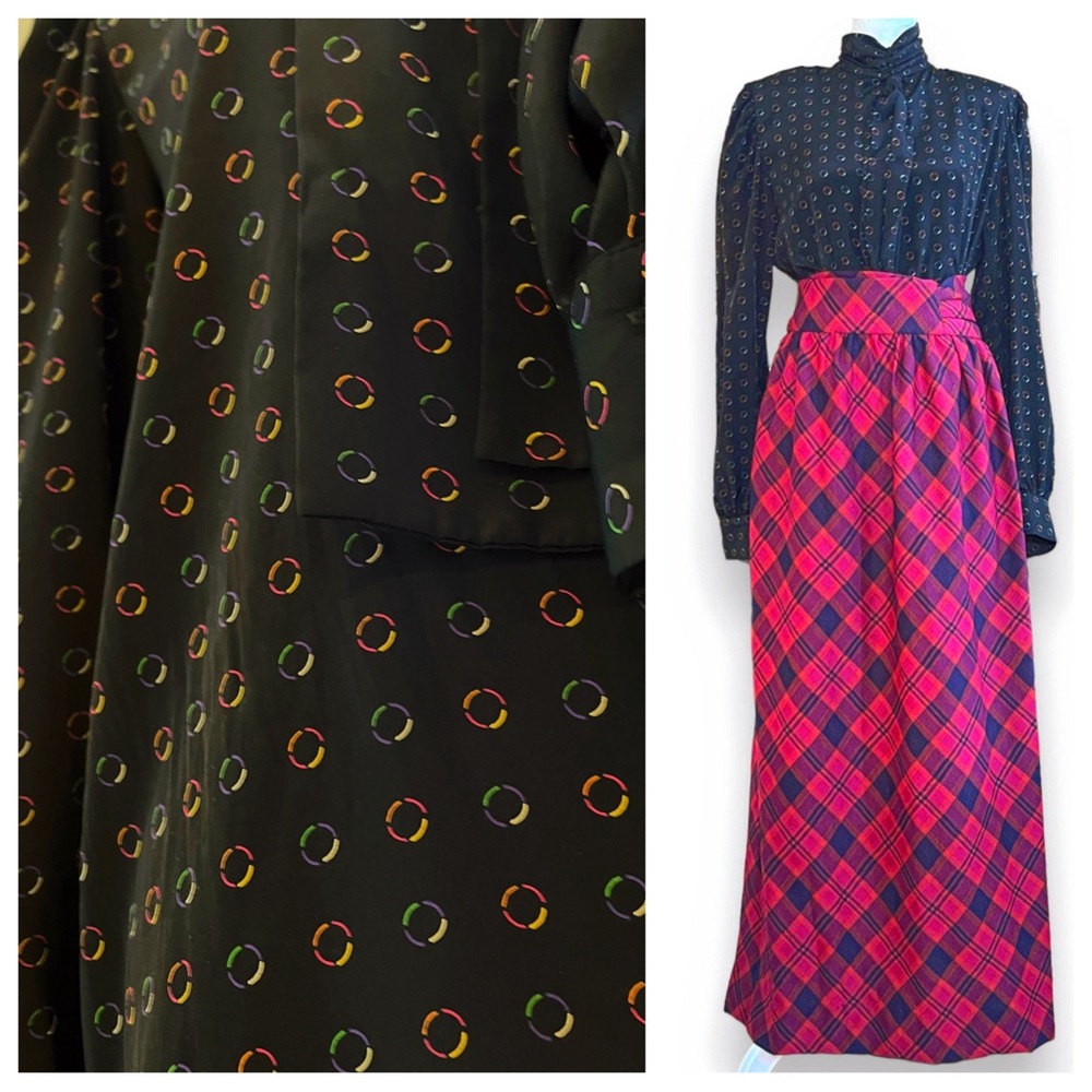 VTG Black & Multi Abstract Polka Dot Bow Front Long Sleeve Secretary Blouse | M